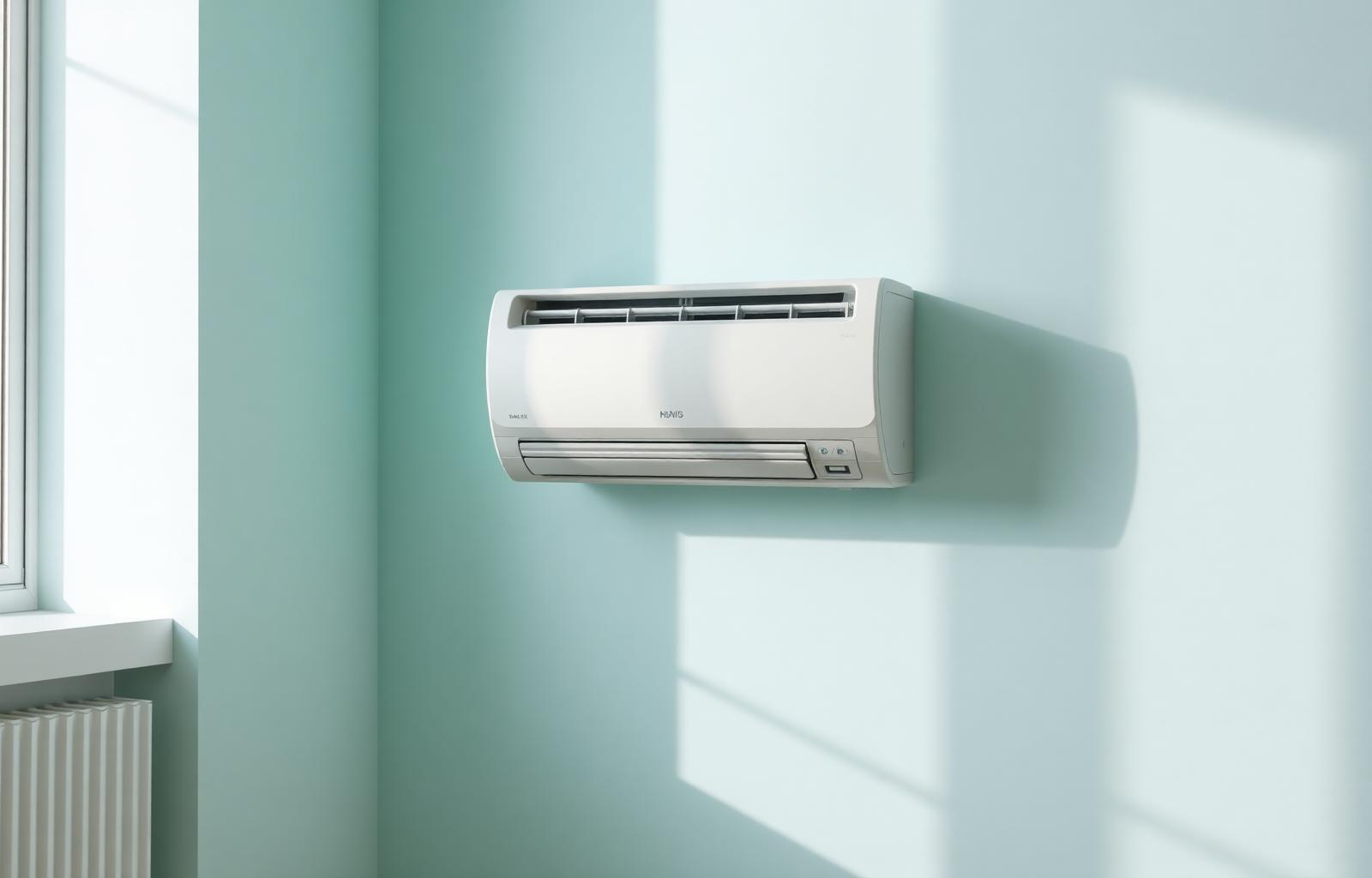 Modern split AC mounted on a pale mint wall
