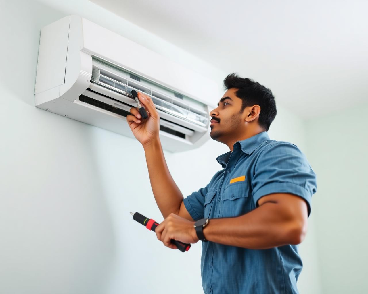 Sanvi AirCool Service technician servicing a split AC
